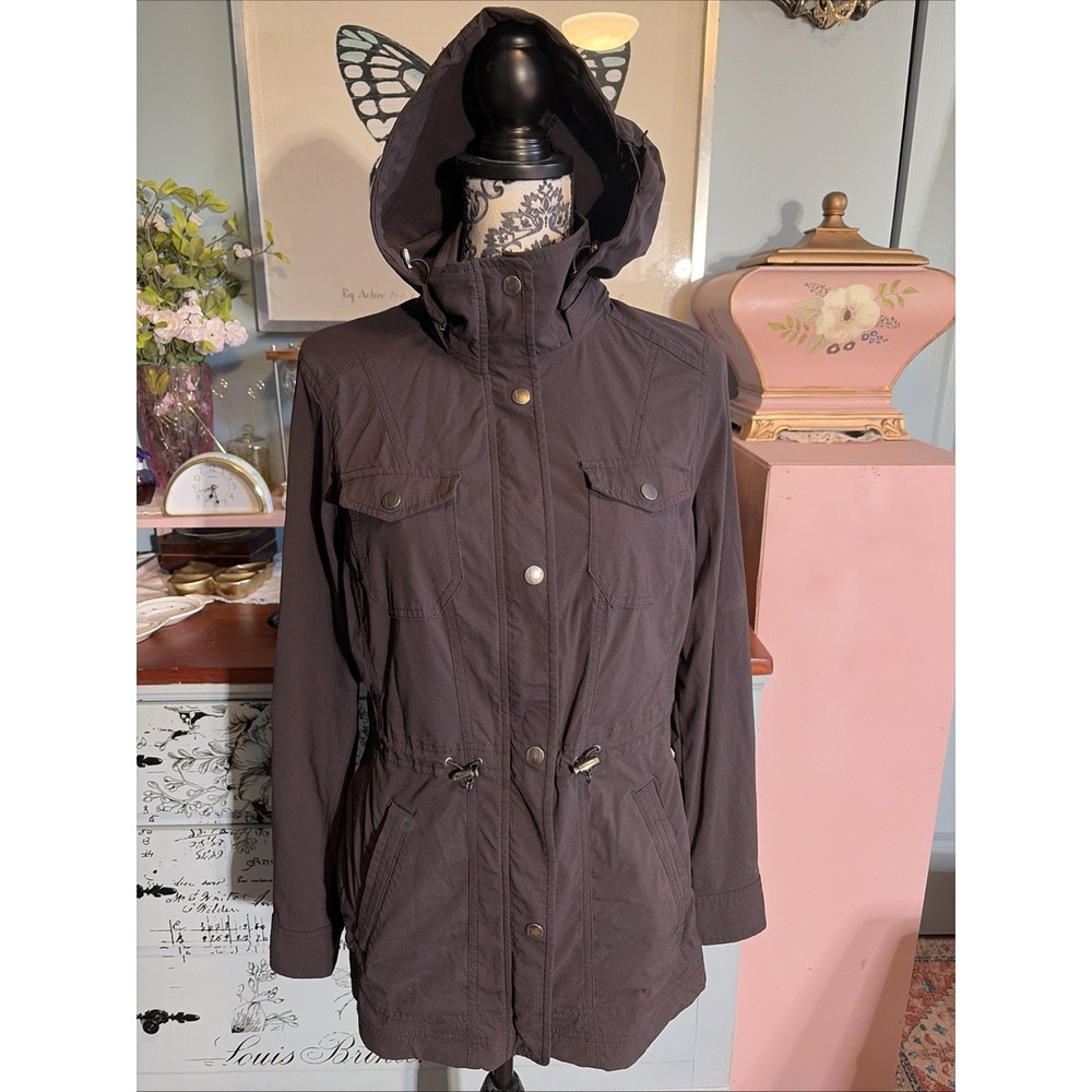 L L Bean Utility Jacket XS Black Hooded Snap Zip Front Light Outdoor Womens